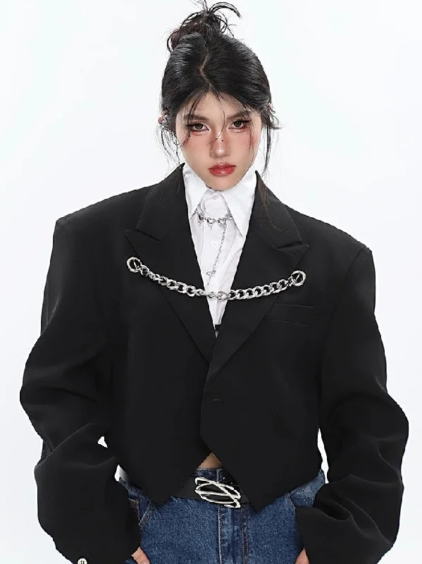 Alexa Solid Color Short Silver Metal Chain Loose Long Sleeve Cropped Blazer Jacket Denim Fabric Leather Fabric Suede Fabric Alexa Solid Color Short Silver Metal Chain Loose Long Sleeve Cropped Blazer Jacket Denim Fabric Leather Fabric Suede Fabric