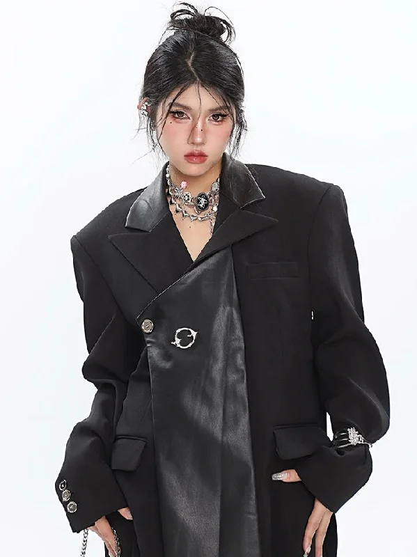 Alice Solid Color Black Patchwork Paneled Pu Leather Loose Long Sleeve Blazer Jacket Anorak Shell Jacket Lightweight Jacket Alice Solid Color Black Patchwork Paneled Pu Leather Loose Long Sleeve Blazer Jacket Anorak Shell Jacket Lightweight Jacket