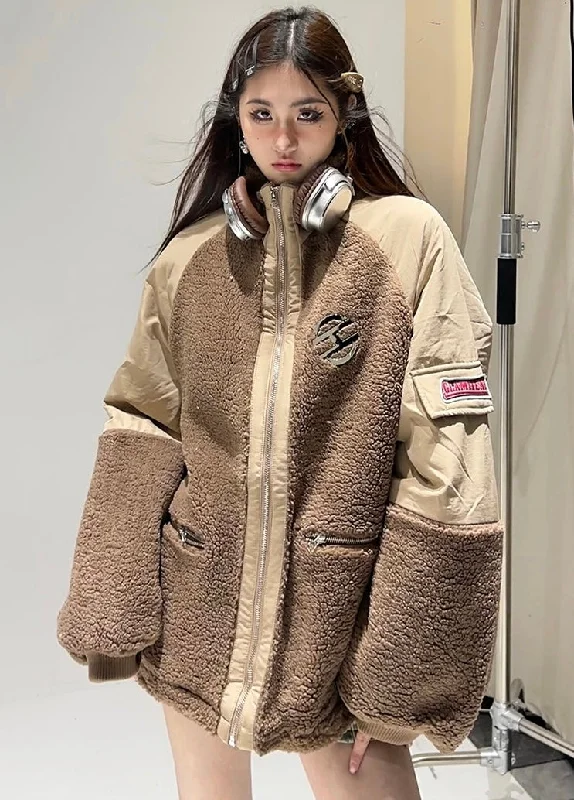 ALL THE STAR WILL BLOOM Patchwork Fleece Long Sleeve Zip Up Jacket Stand-Up Collar Roll-Neck Collar Turtle Neck ALL THE STAR WILL BLOOM Patchwork Fleece Long Sleeve Zip Up Jacket Stand-Up Collar Roll-Neck Collar Turtle Neck