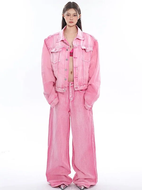 Barbie Pink Denim Bleach Washed Dye Long Sleeve Button Up Jean Jacket + Low Waist Straight Leg Jeans Pants Matching Set Denim Jacket Leather Jacket Suede Jacket Barbie Pink Denim Bleach Washed Dye Long Sleeve Button Up Jean Jacket + Low Waist Straight Leg Jeans Pants Matching Set Denim Jacket Leather Jacket Suede Jacket