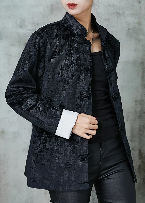 Black Oriental Cotton Jackets Mandarin Collar Pockets Spring V-Neck Jacket Boat Neck Jacket Square Neck Jacket Black Oriental Cotton Jackets Mandarin Collar Pockets Spring V-Neck Jacket Boat Neck Jacket Square Neck Jacket