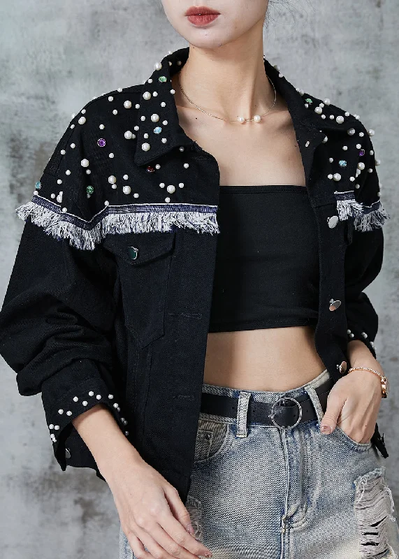 Bohemian Black Tasseled Patchwork Nail Bead Denim Jacket Spring Anorak Shell Jacket Lightweight Jacket Bohemian Black Tasseled Patchwork Nail Bead Denim Jacket Spring Anorak Shell Jacket Lightweight Jacket