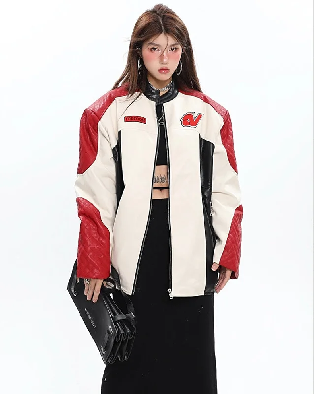 Brooke Pu Leather Multicolor Patchwork Long Sleeve Zip Up Biker Jacket Denim Fabric Leather Fabric Suede Fabric Brooke Pu Leather Multicolor Patchwork Long Sleeve Zip Up Biker Jacket Denim Fabric Leather Fabric Suede Fabric