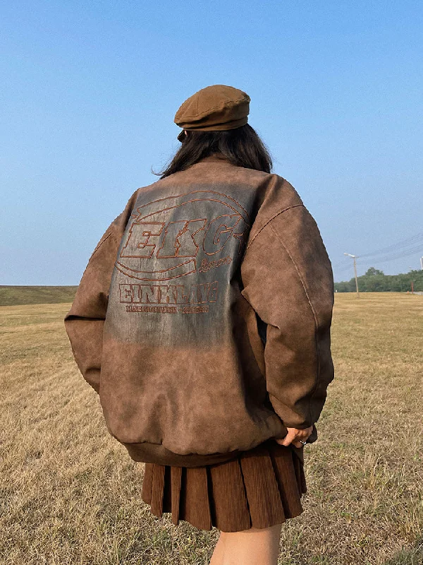 Choey Vintage Washed Old Design Leather Long Sleeve Zip Up Bomber Jacket Oversized Jacket Tailored Jacket Straight Jacket Choey Vintage Washed Old Design Leather Long Sleeve Zip Up Bomber Jacket Oversized Jacket Tailored Jacket Straight Jacket