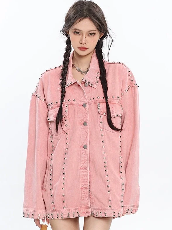 Chrissy Pink Vintage Denim Studded Multi-Pocket Long Sleeve Button Up Jacket Ribbed Jacket Pleated Jacket Ruffled Jacket Chrissy Pink Vintage Denim Studded Multi-Pocket Long Sleeve Button Up Jacket Ribbed Jacket Pleated Jacket Ruffled Jacket