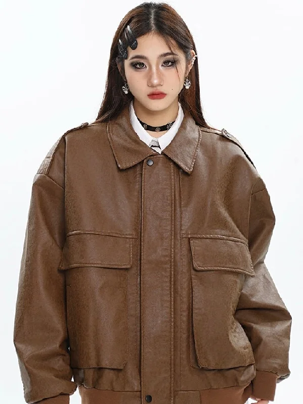 Dalia Solid Color Brown Faux Leather Zip Up Button Up Long Sleeve Double Jacket A-Line Jacket Boat Neck Shawl Collar Dalia Solid Color Brown Faux Leather Zip Up Button Up Long Sleeve Double Jacket A-Line Jacket Boat Neck Shawl Collar