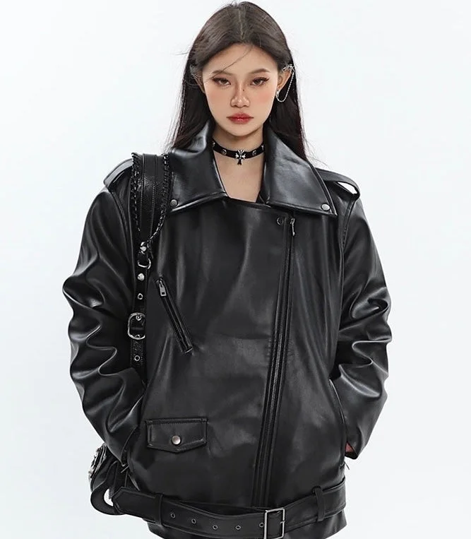 Elaine Black Street Vintage PU Leather Long Sleeve Zip Up Motorcycle Jacket Belted Jacket Elasticated Jacket Padded Jacket Elaine Black Street Vintage PU Leather Long Sleeve Zip Up Motorcycle Jacket Belted Jacket Elasticated Jacket Padded Jacket