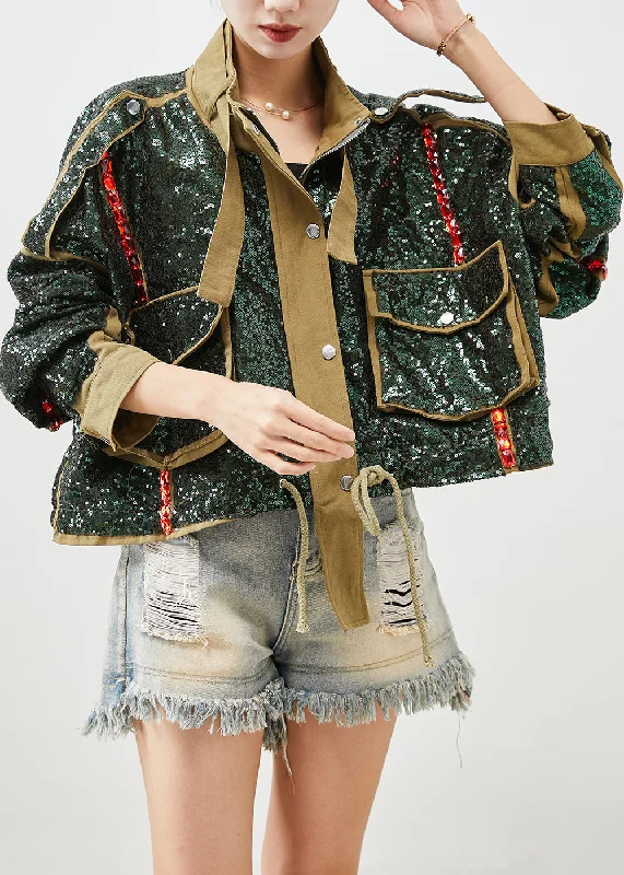 French Army Green Sequins Oversized Drawstring Jacket Fall Corduroy Jacket Velvet Jacket Brocade Jacket French Army Green Sequins Oversized Drawstring Jacket Fall Corduroy Jacket Velvet Jacket Brocade Jacket
