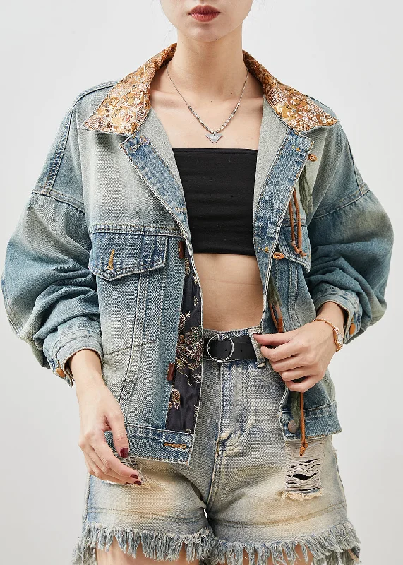 French Blue Tasseled Patchwork Denim Jacket Spring Corduroy Jacket Velvet Jacket Brocade Jacket French Blue Tasseled Patchwork Denim Jacket Spring Corduroy Jacket Velvet Jacket Brocade Jacket