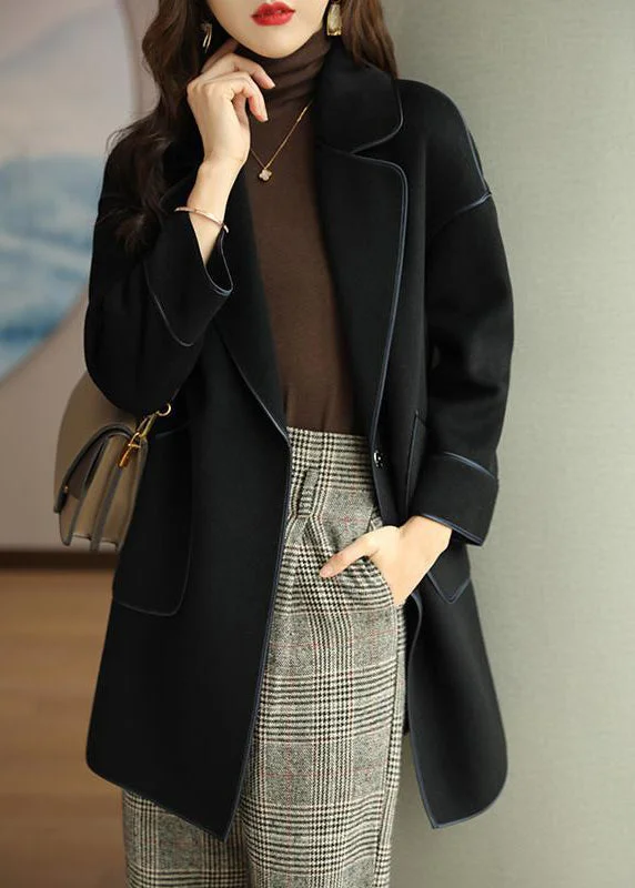 Handmade Black Peter Pan Collar Patchwork Woolen Jackets Fall Welt Pockets Slit Pockets Flap Pockets Handmade Black Peter Pan Collar Patchwork Woolen Jackets Fall Welt Pockets Slit Pockets Flap Pockets