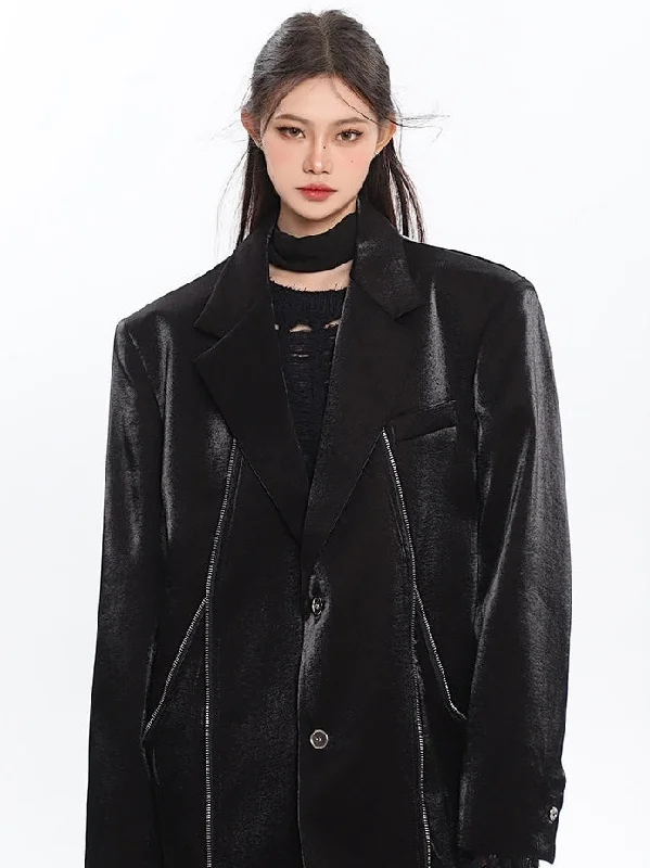 Khloe Solid Color Silver Reflective Light Luxury High-end Long Sleeve Button Up Blazer Jacket Cotton Jacket Linen Jacket Terry Jacket Khloe Solid Color Silver Reflective Light Luxury High-end Long Sleeve Button Up Blazer Jacket Cotton Jacket Linen Jacket Terry Jacket