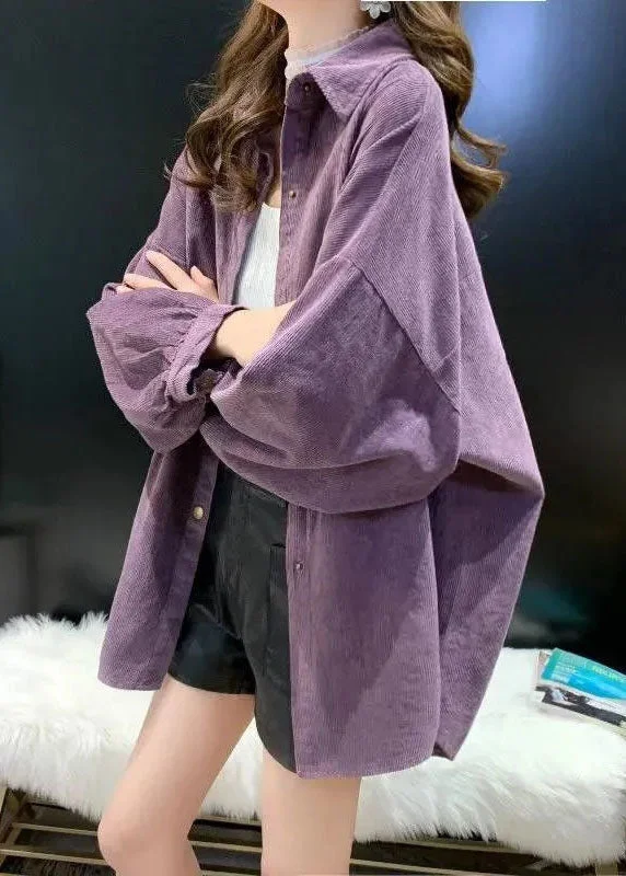 Loose Purple Peter Pan Collar Pockets Corduroy Jackets Spring Hoodie Zip-Up Jacket Button-Up Jacket Loose Purple Peter Pan Collar Pockets Corduroy Jackets Spring Hoodie Zip-Up Jacket Button-Up Jacket