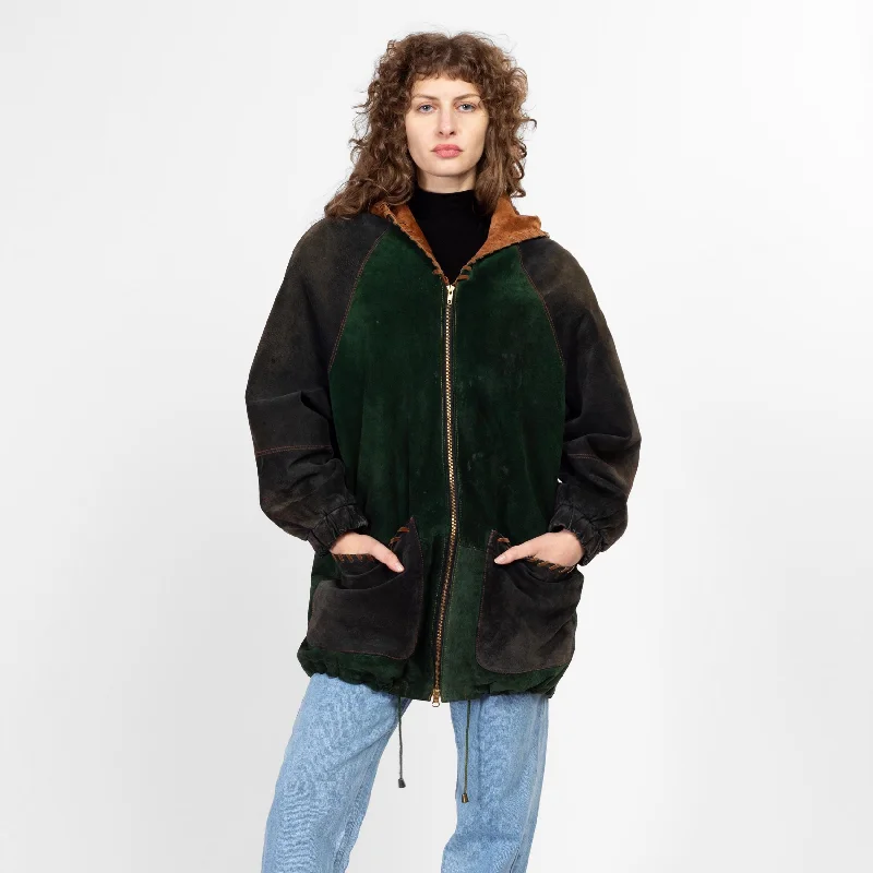 Med-Lrg 90s Suede Color Block Hooded Jacket Unisex Hooded Jacket Caped Jacket Shawl Collar Jacket Med-Lrg 90s Suede Color Block Hooded Jacket Unisex Hooded Jacket Caped Jacket Shawl Collar Jacket