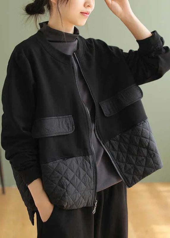 Plus Size Black Zip Up Patchwork Warm Fleece Jacket Spring Plaid Jacket Tartan Jacket Houndstooth Jacket