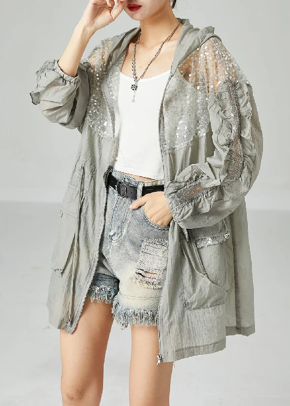 Plus Size Grey Hooded Sequins Patchwork Drawstring UPF 50+ Coat Jacket Summer Denim Fabric Leather Fabric Suede Fabric Plus Size Grey Hooded Sequins Patchwork Drawstring UPF 50+ Coat Jacket Summer Denim Fabric Leather Fabric Suede Fabric