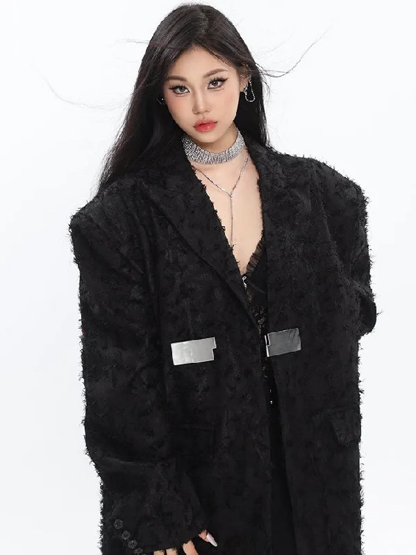 Riley Solid Color Black Metal Buckle Mid-length Blazer Long Sleeve Blazer Jacket Fleece Jacket Down Jacket Parka Riley Solid Color Black Metal Buckle Mid-length Blazer Long Sleeve Blazer Jacket Fleece Jacket Down Jacket Parka