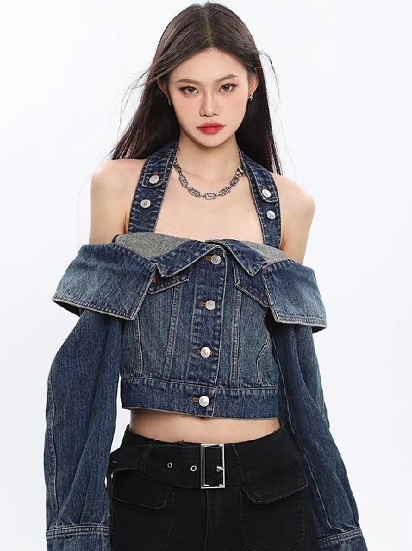 Seanna Denim Blue Spice Neck Off-the-Shoulder Halter Loose Cropped Jacket Top Front Pockets Side Pockets Patch Pockets Seanna Denim Blue Spice Neck Off-the-Shoulder Halter Loose Cropped Jacket Top Front Pockets Side Pockets Patch Pockets