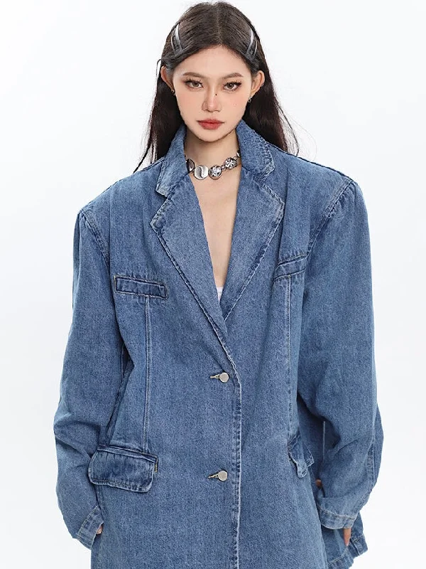 Sloan Washed Denim Blue Vintage Silhouette Long Sleeve Button Up Blazer Jacket Welt Pockets Slit Pockets Flap Pockets Sloan Washed Denim Blue Vintage Silhouette Long Sleeve Button Up Blazer Jacket Welt Pockets Slit Pockets Flap Pockets