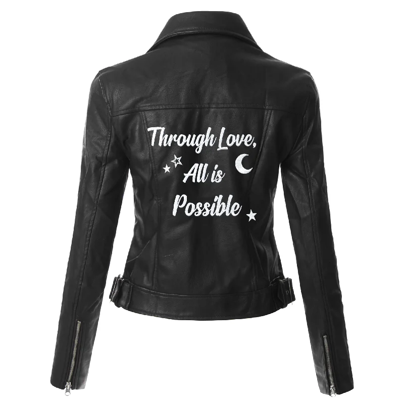 Through Love, All is Possible Womens Faux Leather Jacket Denim Fabric Leather Fabric Suede Fabric Through Love, All is Possible Womens Faux Leather Jacket Denim Fabric Leather Fabric Suede Fabric
