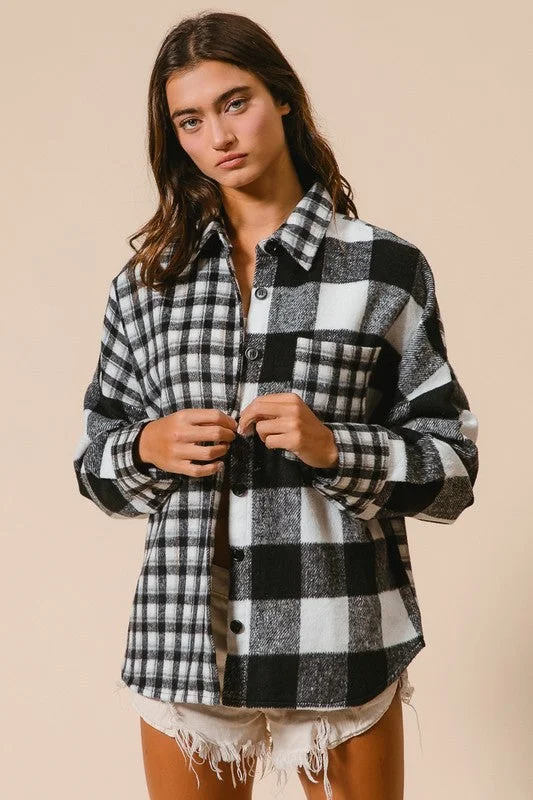 BiBi Plaid Fleece Button Down Long Sleeve Shirt