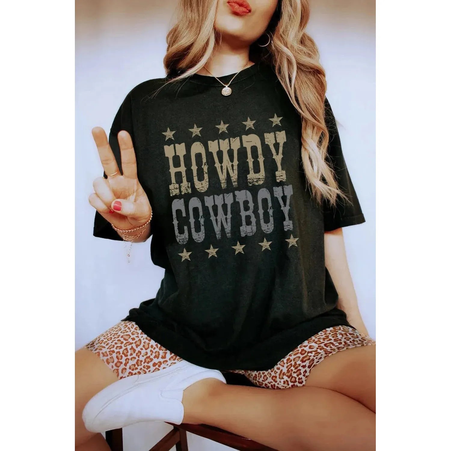 Black HOWDY COWBOY Star Print Crew Neck Loose T Shirt