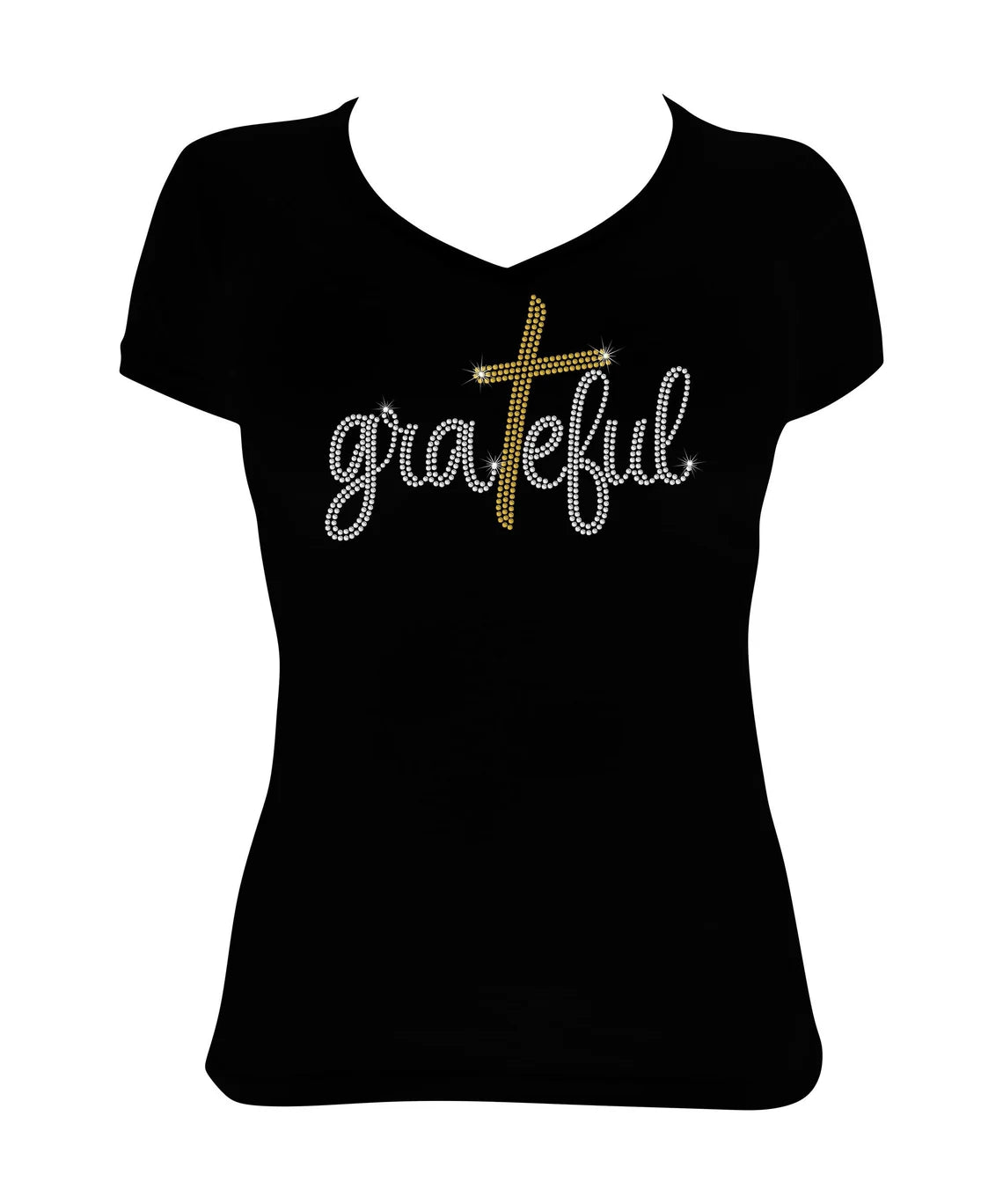 Women's Rhinestone Fitted Tight Snug Grateful with Cross in Script - Rhinestone Church shirt