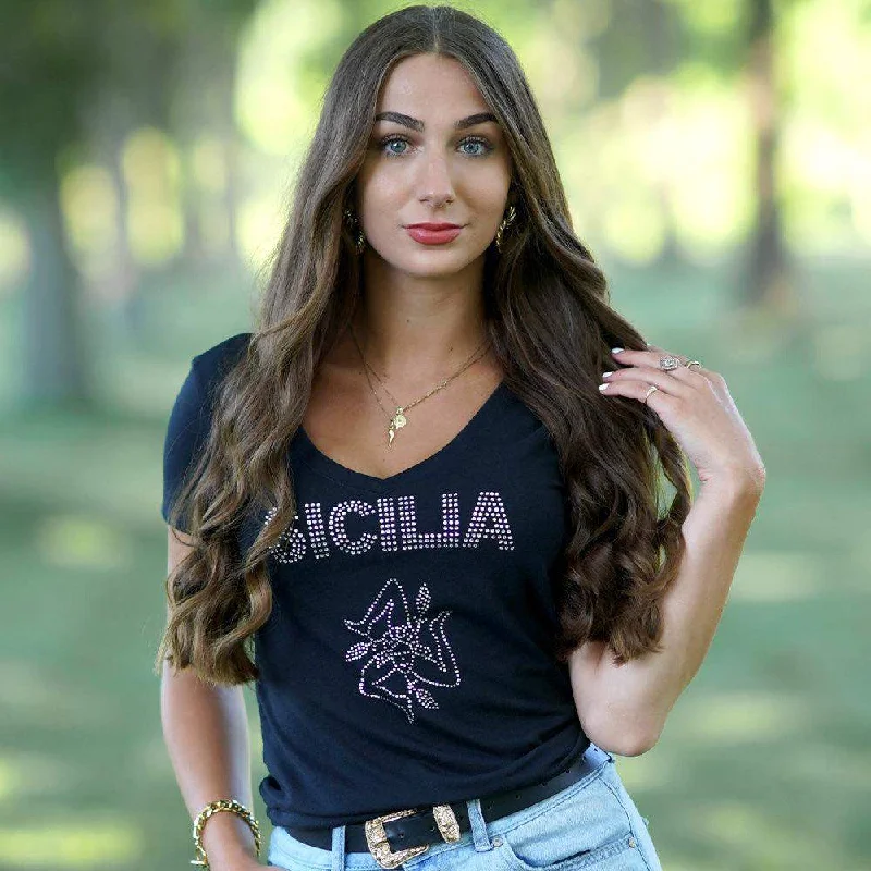 Sicilia Rhinestone Womens V-Neck Tee