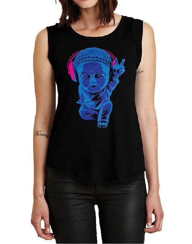 Women's Little Buddha Black Cap-Sleeve Tee