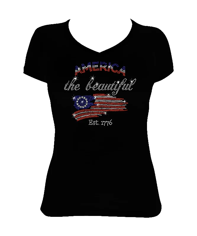 Women's Rhinestone Fitted Tight Snug America The Beautiful - in Red, White & Blue, Patriotic Shirt, 4th of July Shirt