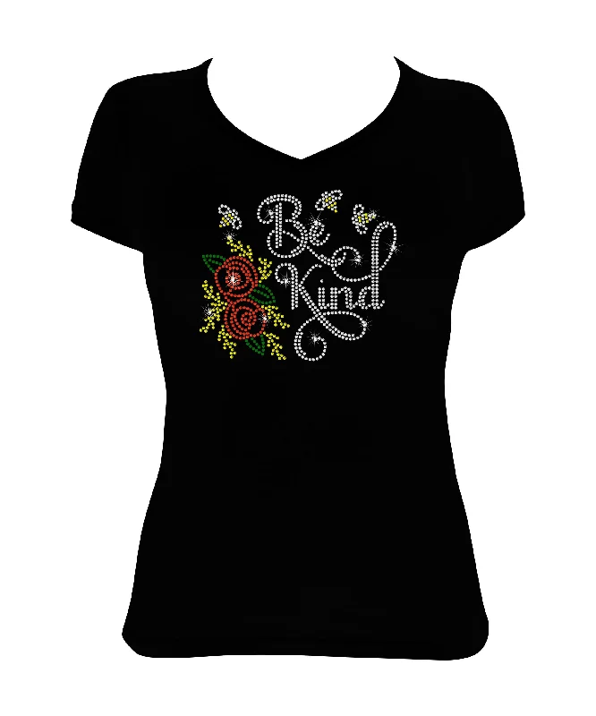 Women's Rhinestone Fitted Tight Snug Be Kind with Red Rose & Bees - Rhinestone Shirt