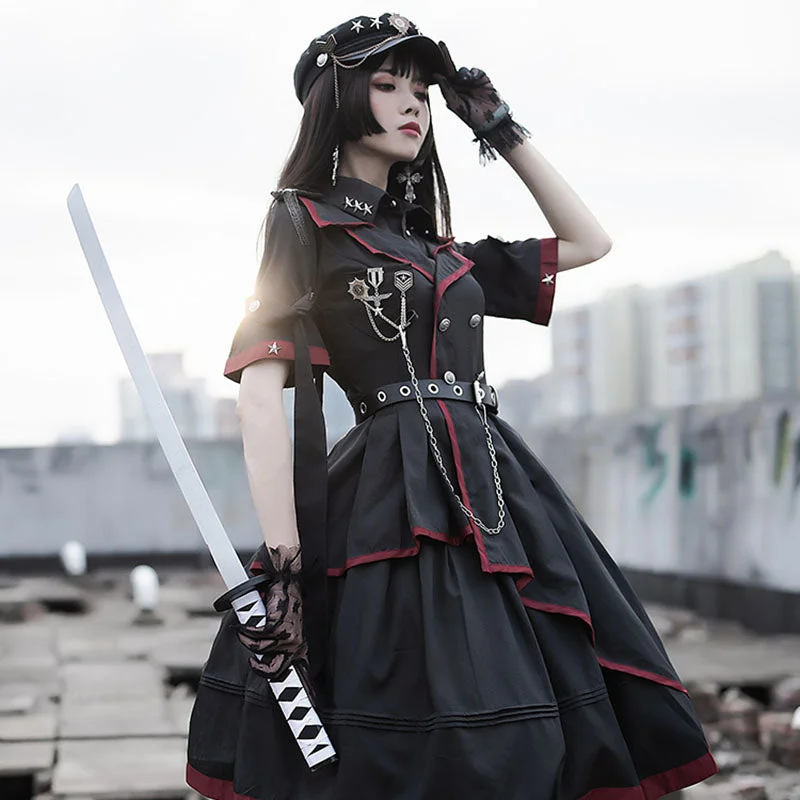 Military Style Lolita Black Chain Rivet Gothic Lolita Dress