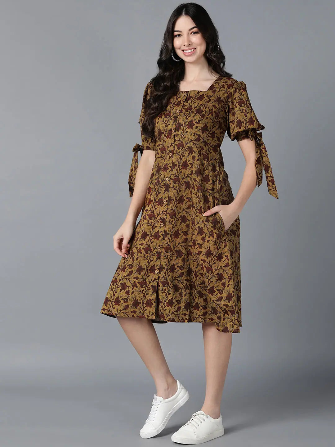 Ahika Women Mustard Cotton Printed Dresses
