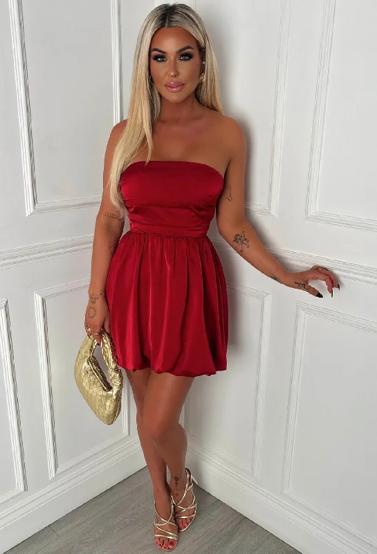 Belle Of The Ball Red Satin Bandeau Puffball Dress