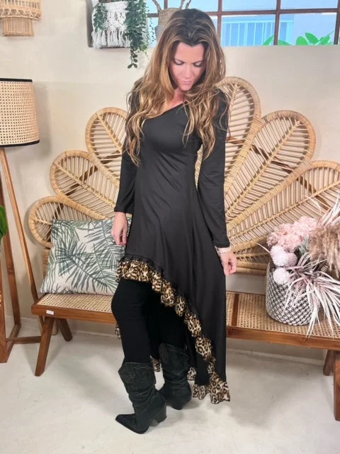 Black High low Dress with leopard print ruffle detail
