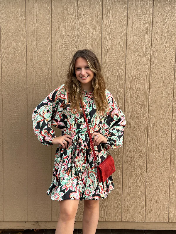 Black Satin Paisley Print Dress with Round Neck
