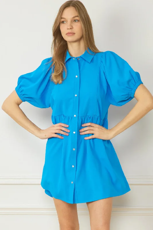 Bubble Sleeve Mini Dress, Blue Stylish Ribbed Mini Dress