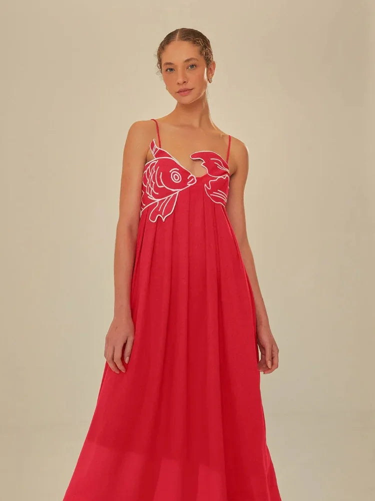 Chinese Red Fish Shaped Bra Sling Long Dress