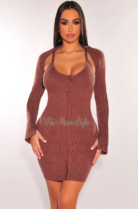 Chocolate Ribbed Knit Spaghetti Straps Mini Dress + Shrug Jacket Cozy A-Line Mini Dress Chocolate Ribbed Knit Spaghetti Straps Mini Dress + Shrug Jacket Cozy A-Line Mini Dress