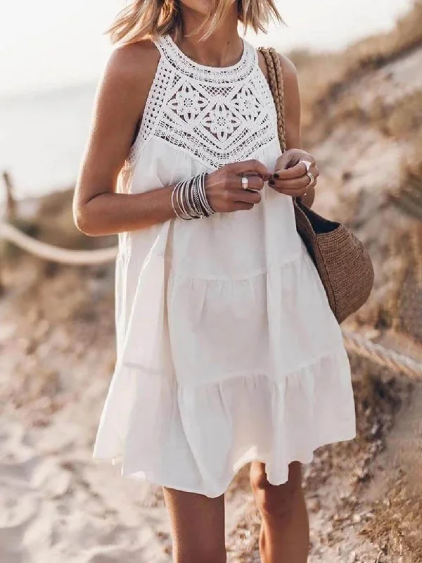 Hollow Lace Patchwork Charming Halterneck A-Line Mini Dress Casual V-Neck Mini Dress Hollow Lace Patchwork Charming Halterneck A-Line Mini Dress Casual V-Neck Mini Dress