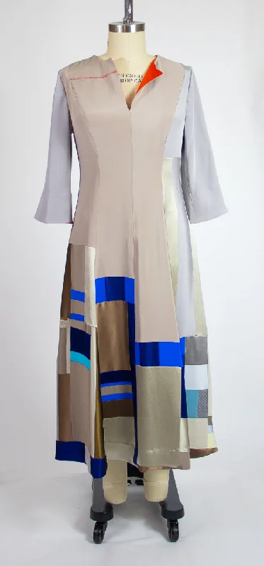 4 ply Patchwork Silk Shades of Grey and Taupe Dress