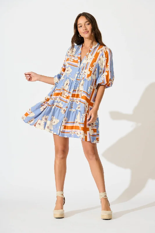 Emelyn Smock Dress In Blue with Cream Flower