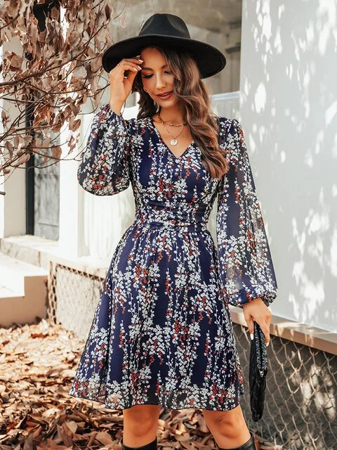 BerriesJam - Floral V-neck Long Peasant Sleeve Party A-line Mini Dress Chic Puff Sleeve Mini Dress BerriesJam - Floral V-neck Long Peasant Sleeve Party A-line Mini Dress Chic Puff Sleeve Mini Dress