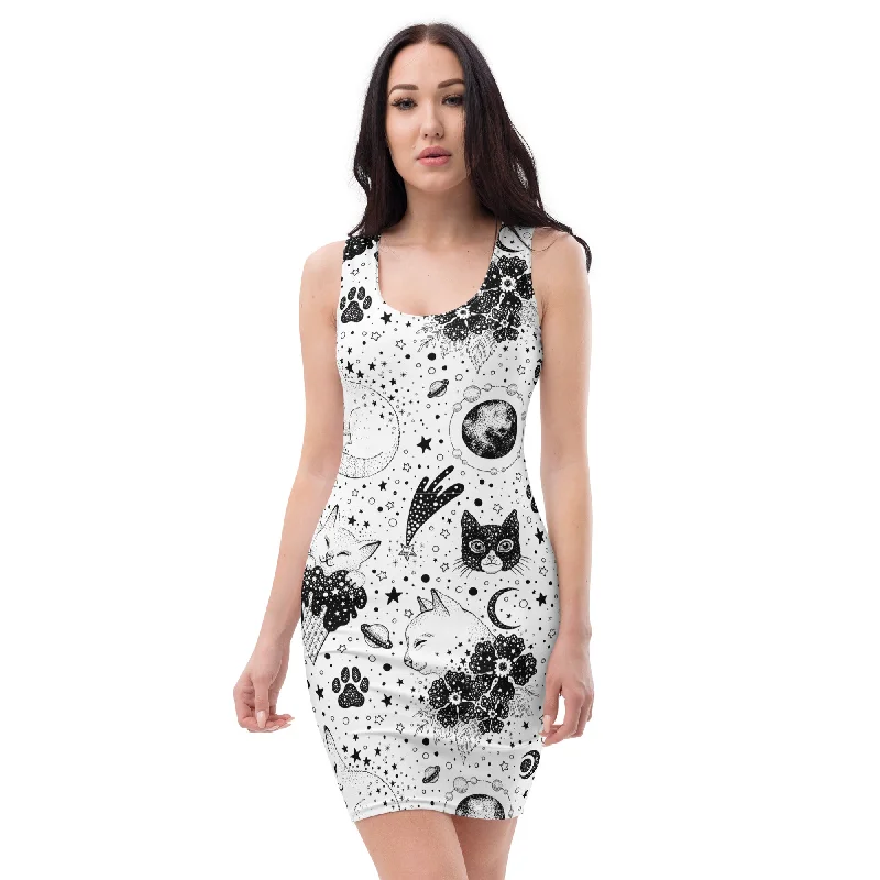 Galactic Feline Frenzy Women’s Space Cats Fun Fitted Dress, lioness-love