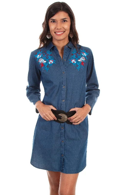 Honey creek denim rose emb. Denim dress w/belt