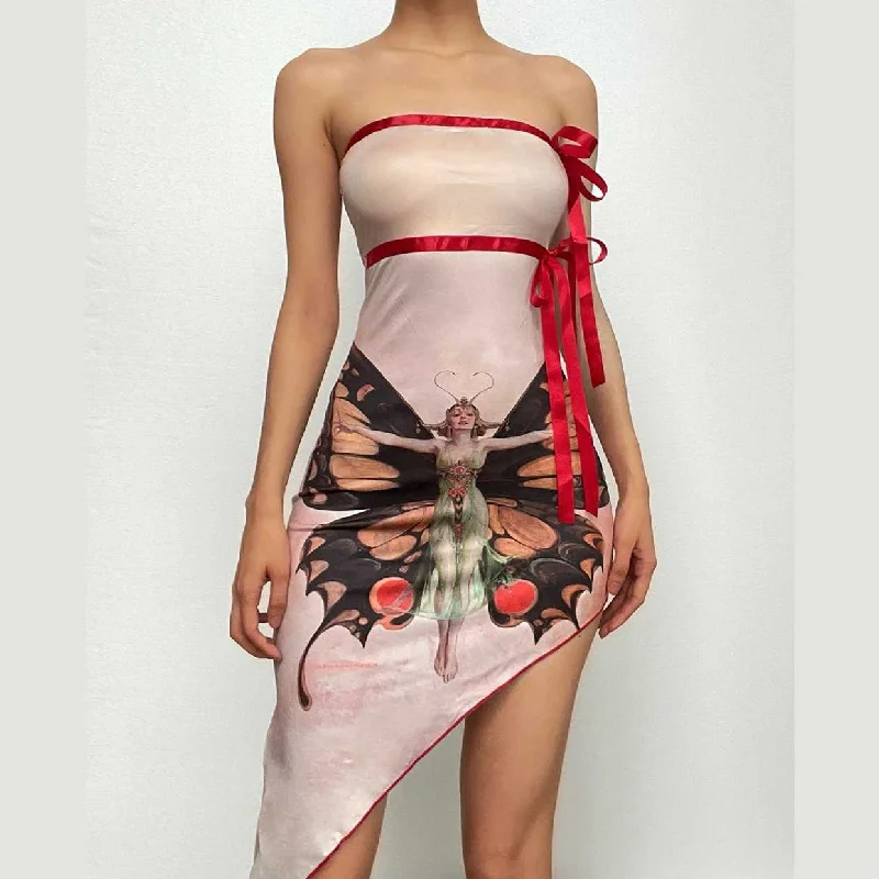 Irregular ruffle butterfly pattern contrast tube mini dress Classic Floral Mini Dress Irregular ruffle butterfly pattern contrast tube mini dress Classic Floral Mini Dress
