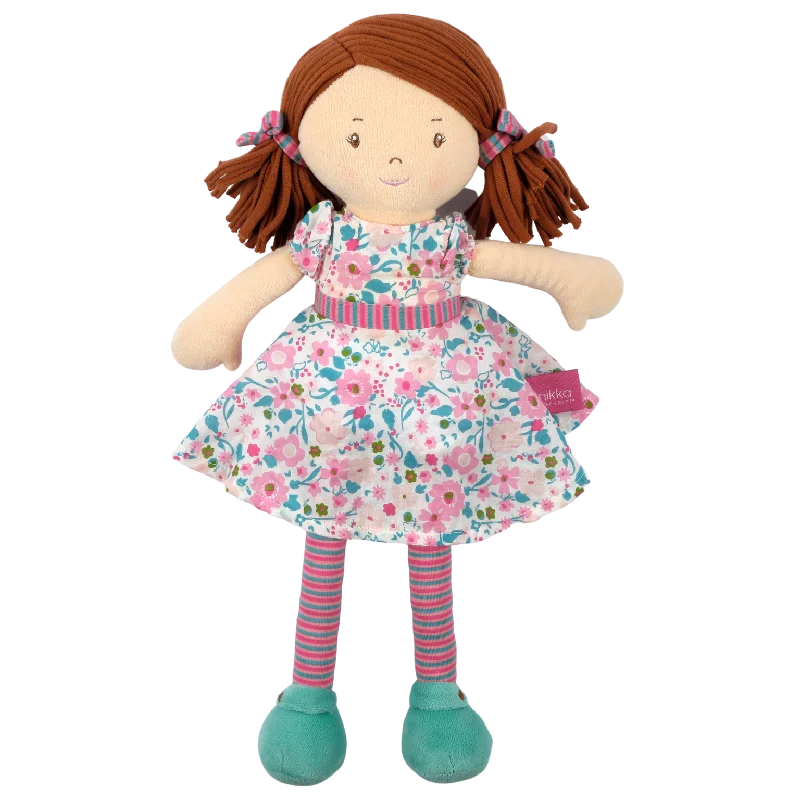 Katy -  Dark Brown Hair with Pink and Sea Green Dress