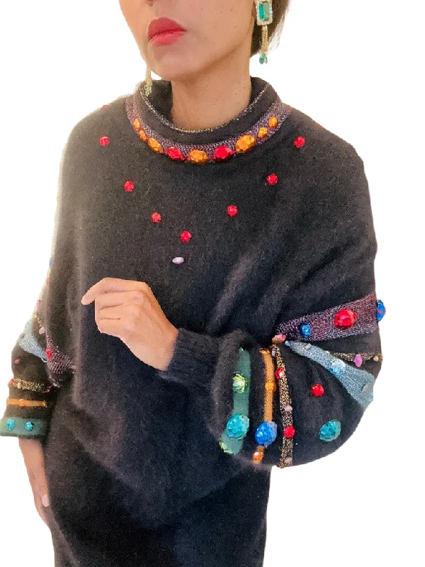 Krizia Black Wool Angora Wool Sweater Dress w/Multicolor Beading