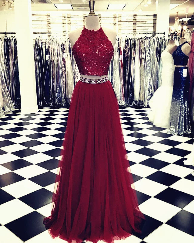 Lace Crop Top Tulle Prom Dresses Two Piece Evening Gowns Beaded Sashes