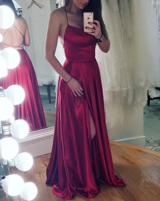 Long Satin Open Back Prom Dresses Leg Slit Evening Gowns