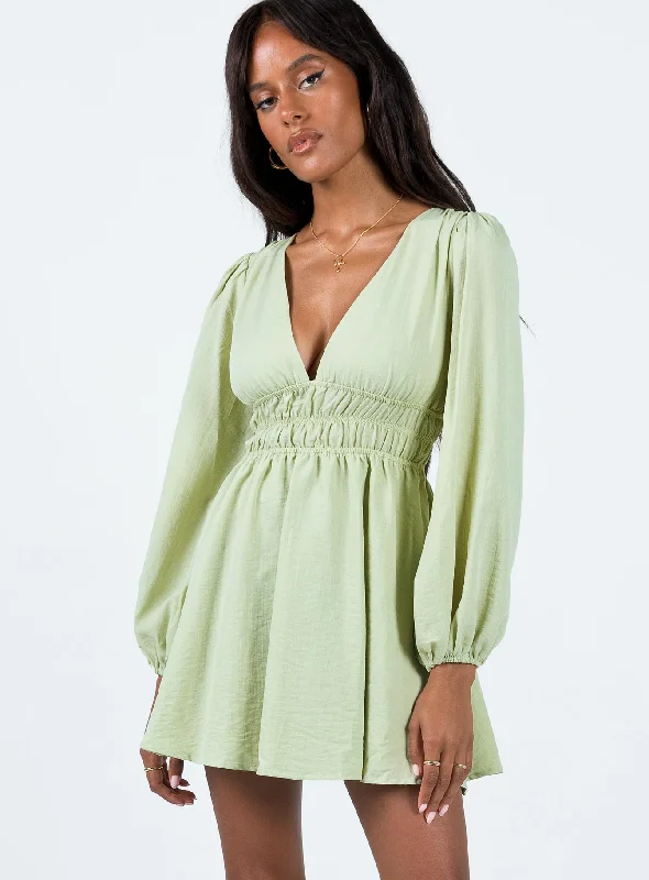 Marsia Long Sleeve Mini Dress Sage Comfortable Boho Mini Dress